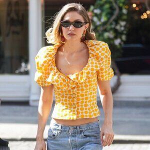 Vintage Morton Myles for The Warrens Yellow Polka Dot Ruffled top 10